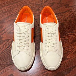 NWT - SANTONI - Men’s white & orange leather double  buckle sneaker - Size US 10